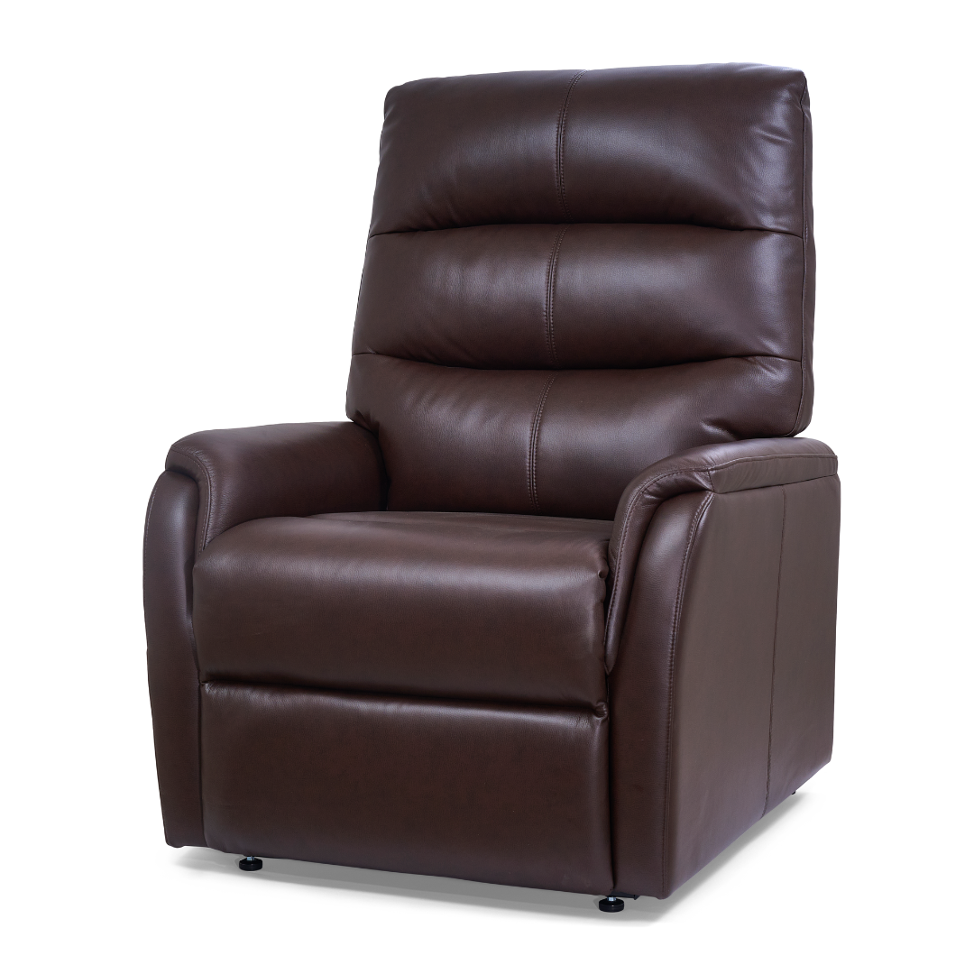 The Golden DeLuna Elara PR118 Recliner with Lift Assist, featuring dark brown leather, padded armrests, a high cushioned backrest, and an adjustable headrest, is displayed against a plain white background.